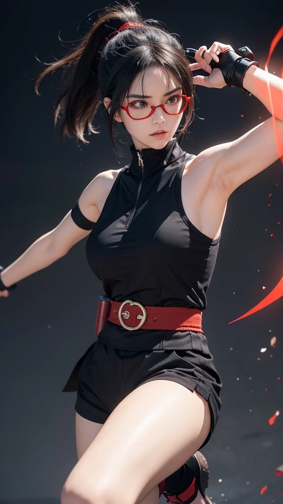 A realistic portrayal of a beautiful female ninja, around 1, with an athletic build and a confident, determined expression. She has light skin and short, slightly wavy black hair that reaches her chin. Both of her eyes glow with the distinct pattern of the Sharingan, red with black tomoe, indicating her powerful abilities. She wears a ninja headband with her village's symbol on the metal plate and red rectangular glasses, giving her an intelligent, agile look. She is dressed in a sleeveless dark red shirt, black shorts, and black ninja sandals. Her hands are covered by combat gloves that extend to her forearms, and white bandages are wrapped around her legs. She carries a weapons pouch attached to her belt. The scene captures her in a confident stance, with a faint aura of energy radiating from her, emphasizing her power and readiness for action. The background is minimalist, focusing on the character's striking presence and the intensity of her Sharingan eyes.