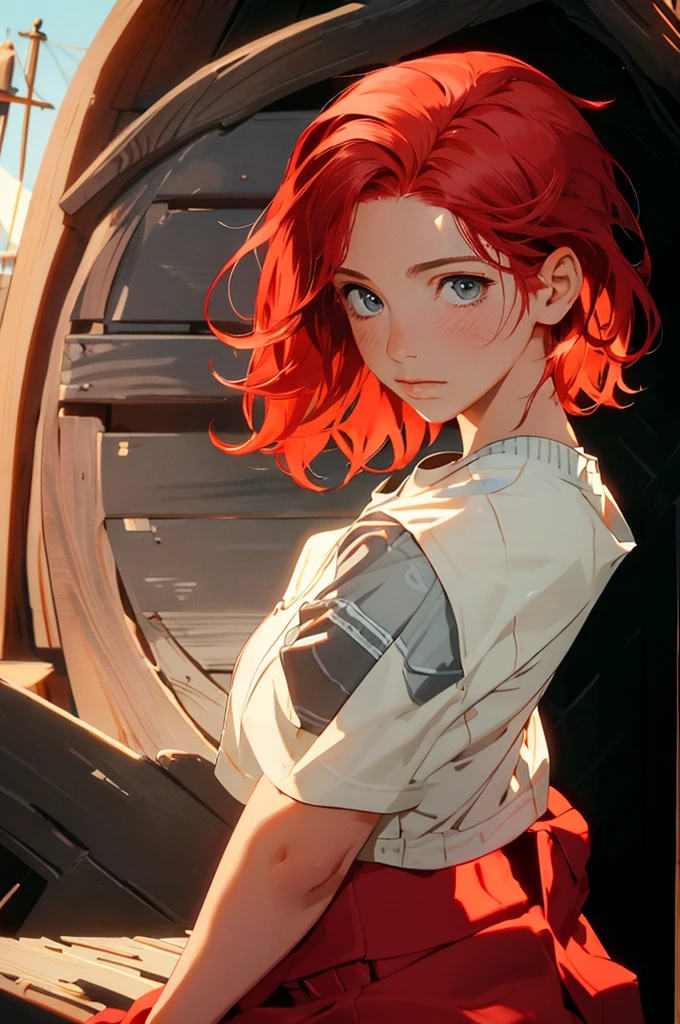 portrait of emilyrudd, nami, a woman, redhead, short red hair, in a pirate ship, (best quality:1.1), (masterpiece:1.4), (absurdres:1), (masterpiece), best quality, expressive eyes, perfect face, curvilienar waist, EnvyBetterHands LoCon, bauchfrei