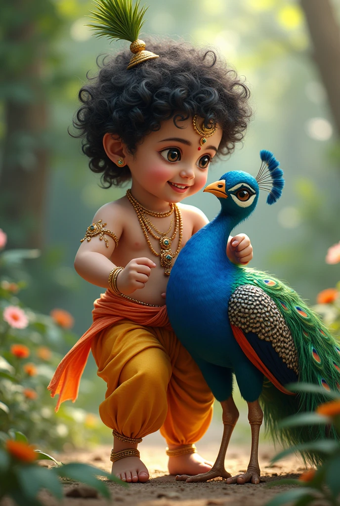 Beautiful   Krishna playing with peacock