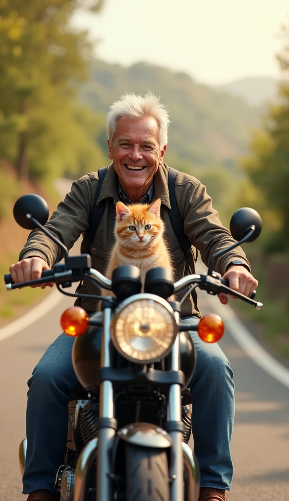 make a realistic photo of father and cute kitten riding a motorbike with cheerful faces.