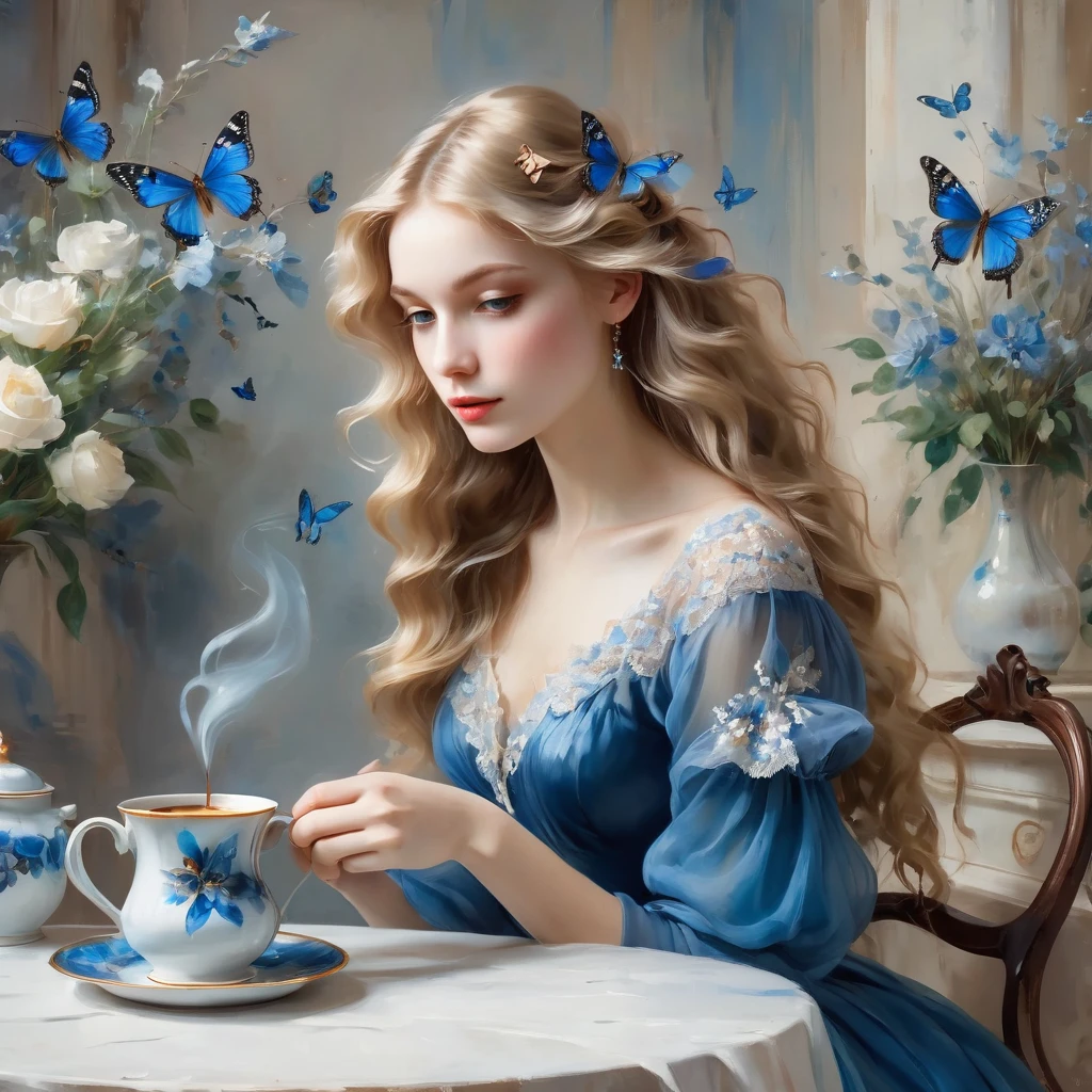 Girl with dark long wavy blonde hair, brews coffee in a copper cezve, She is wearing a blue transparent chiffon dress with blue little butterflies, lace, the style of the artist John Singer Sargent, eye contact, 8 K,12K,