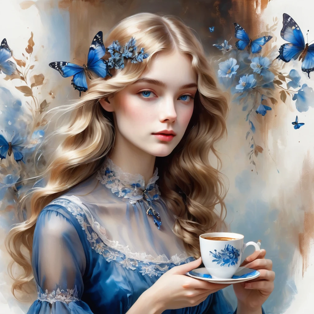 Girl with dark long wavy blonde hair, brews coffee in a copper cezve, She is wearing a blue transparent chiffon dress with blue little butterflies, lace, the style of the artist John Singer Sargent, eye contact, 8 K,12K,