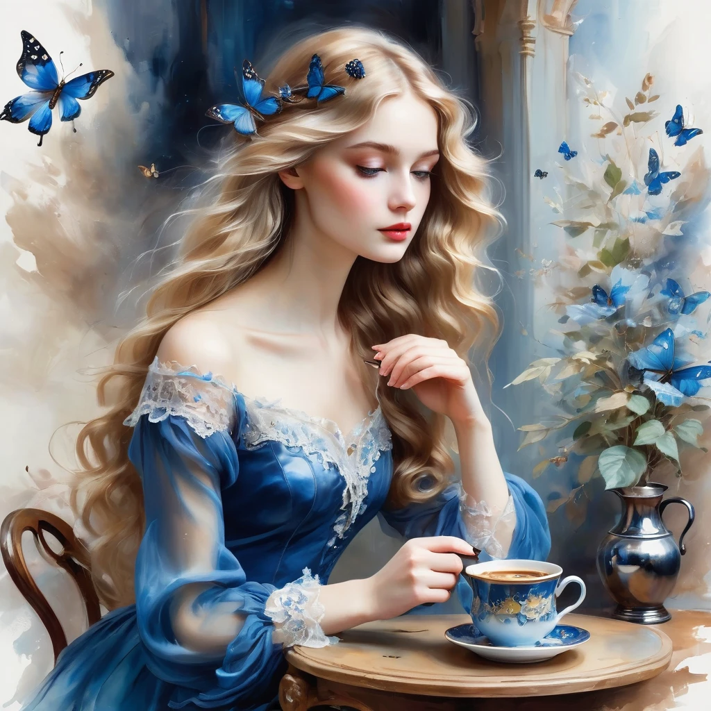 Girl with dark long wavy blonde hair, brews coffee in a copper cezve, She is wearing a blue transparent chiffon dress with blue little butterflies, lace, the style of the artist John Singer Sargent, eye contact, 8 K,12K,