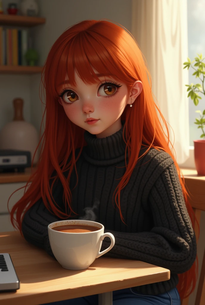 A realistic digital  painting of a young 1 girl with long red hair and bangs, sitting at her desk. She has large hazel eyes, beautiful freckles across her angelic face, and plump lips. Her expression is neutral, giving a calm and serene vibe. She's wearing a thick black sweater and blue jeans. On the desk in front of her, there's a cup of hot chocolate. The scene is softly lit, highlighting her delicate features and the warmth of the setting."