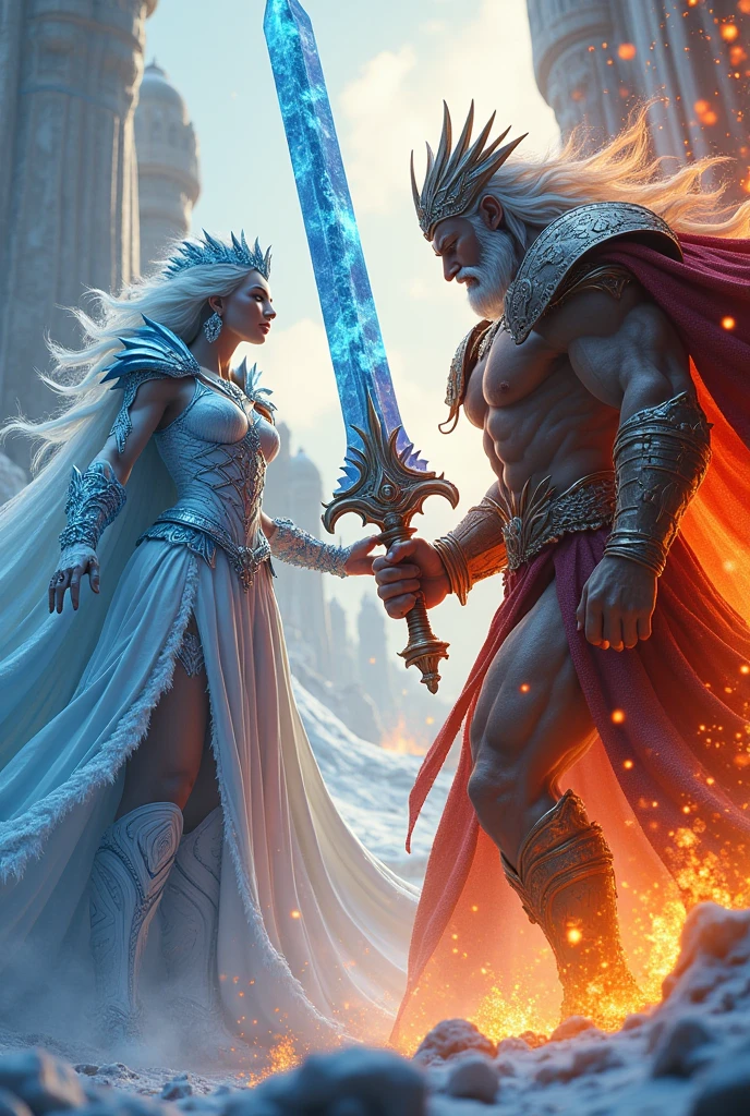 3D view, two tall deities, (one queen holding an ice giant sword, wearing ice and snow clothing) attacking (the king holding a lava giant sword ((perfect muscle lines, tall figure)))