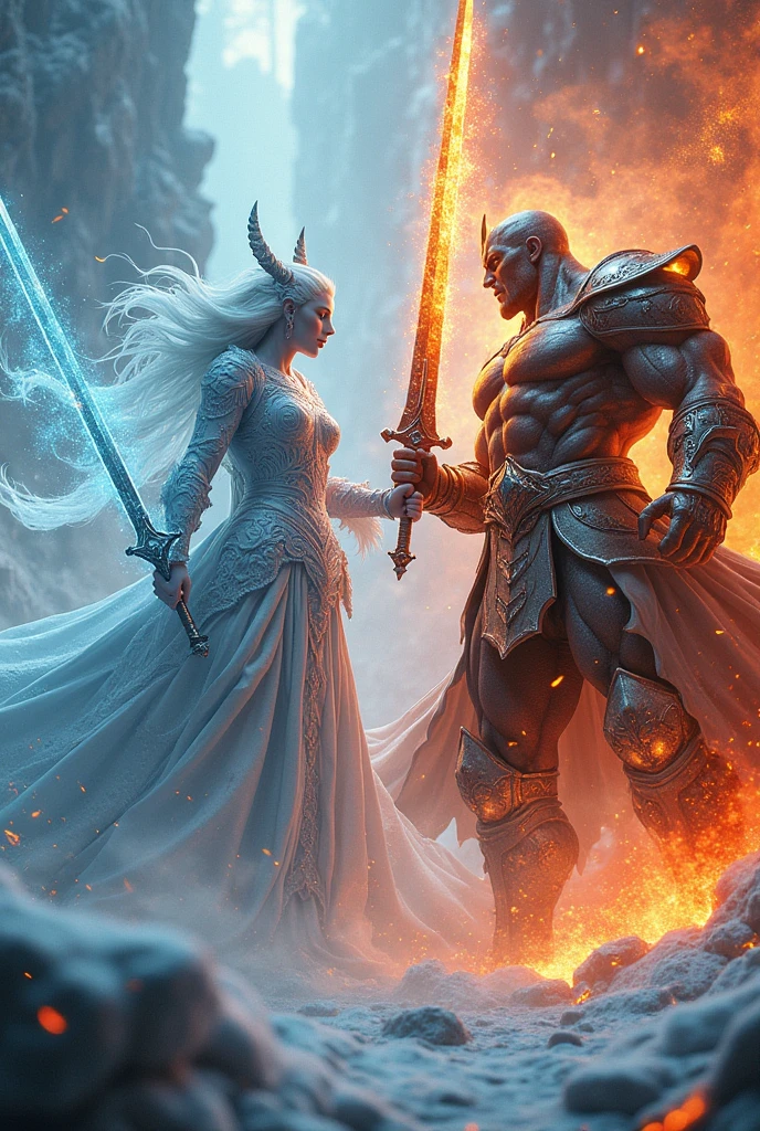3D view, two tall deities, (one queen holding an ice giant sword, wearing ice and snow clothing) attacking (the king holding a lava giant sword ((perfect muscle lines, tall figure)))