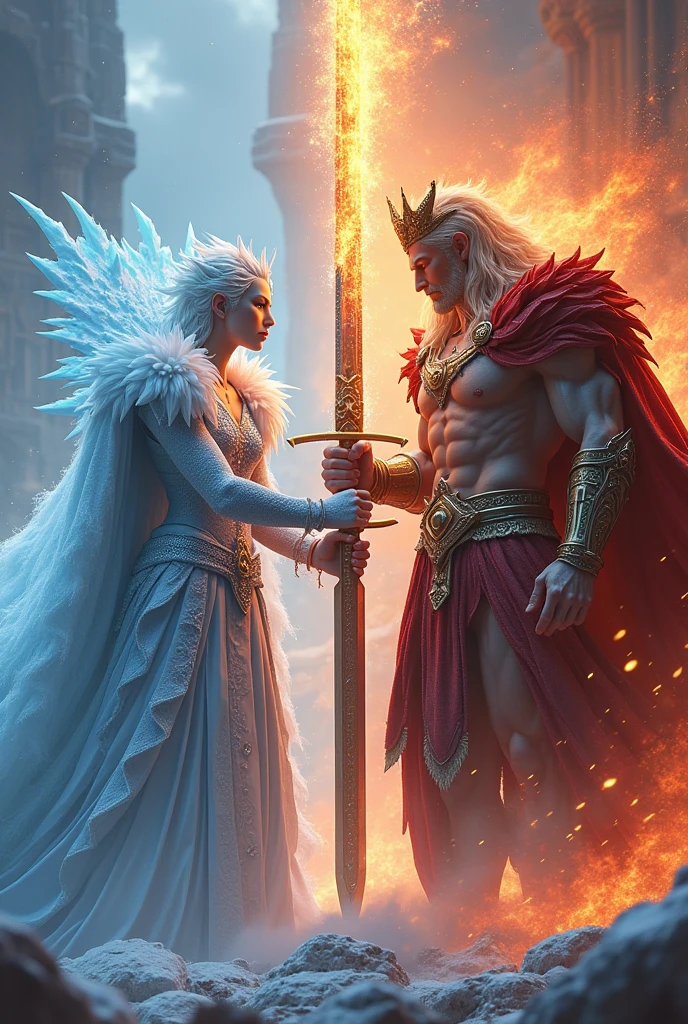 3D view, two tall deities, (one queen holding an ice giant sword, wearing ice and snow clothing) attacking (the king holding a lava giant sword ((perfect muscle lines, tall figure)))