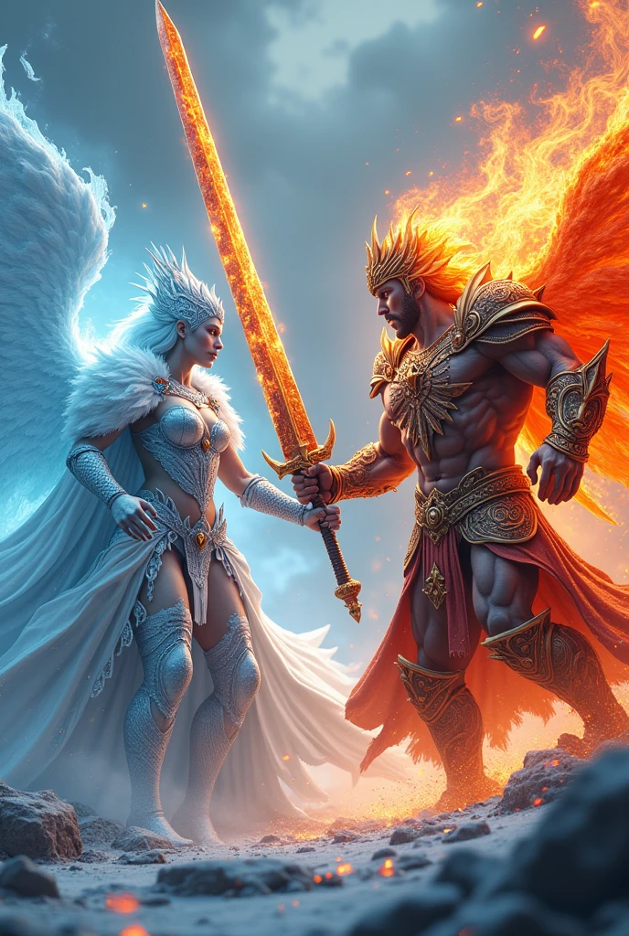 3D view, two tall deities, (one queen holding an ice giant sword, wearing ice and snow clothing) attacking (the king holding a lava giant sword ((perfect muscle lines, tall figure)))