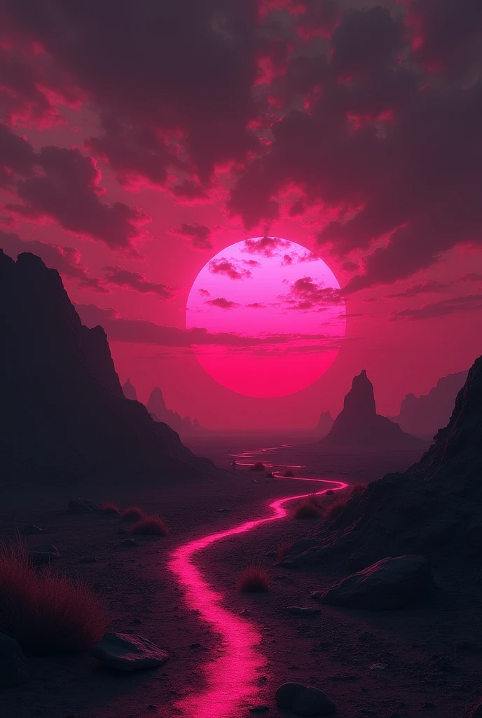 a sunset and a pink line in the desert in the style of sinister monochrome artwork,felicia simion,digital art techniques black and magenta light,Tumblewavelight black and orange--q2--s750--v 5.