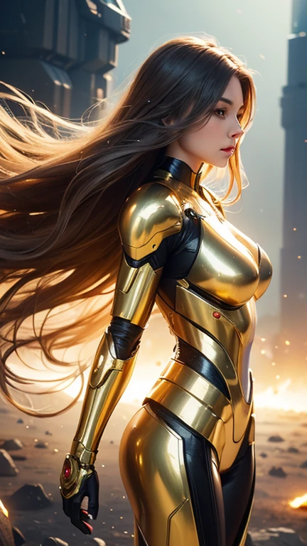 medium long body shot of beautiful cyborg girl in shiny gold armor suit, flowing hair ,beautiful cyborg, cute cyborg girl, hyperrealistic fantasy art, beautiful white girl cyborg, broken beautiful female android, sci-fi fantasy art, detailed sci-fi art, Atmosphere sci-fi movies background
