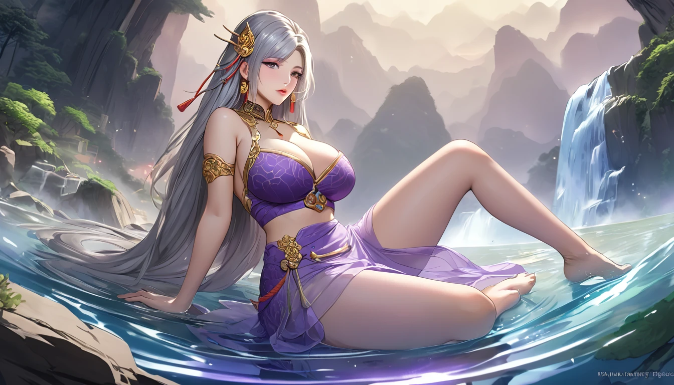 high quality,HD,16K,Sharp Line,1 Girl,fantasy, (Fire Spirits),Pretty Face, Large Breasts, Beautiful legs,In the water,Focus Girl,detailed Pretty Face,Detailed clothes,beautiful eyes,Cool,Sexy,Dynamic Angle,穿着华服的神明Strike a pose拍照, Ancient mysterious sexy goddess, Traditional beauty woman, Beautiful female warrior god of war , Beautiful sexy goddess, Gorgeous role-playing, high, Beautiful young girl, Beautiful woman, 华丽Beautiful woman, Complex clothing,Chinese Mystical Aesthetics, Beautiful goddess ancient mysterious girl, Extremely detailed shot of the goddess, Jaw-dropping sexy beauty, Big breasts deep neckline sexy belly button(butt), (bedroom), (Sexy Girls), masterpiece, best quality, Bangs, blush, Chest, clavicle, Eyebrows visible through hair, (Ombre gold hair), Jewelry, Long hair,Bright Eyes, ring, (solitary), illustration, fashionable, miss, Strike a pose, background, element, confident, Express, Accessories, majestic, striking, key point, Dynamic poses, ((plump)), (purple))Woman in transparent dress,Viewer,(((Full breasts, Keeley University))),Slim waist,(Navel exposed,Bare waist), Long hair, extreme detailed details, 详细的fantasy艺术, Stunning character art, Beautiful and exquisite character art, Beautiful transparent dress, Very detailed, Large Breasts,Chest,Golden ratio figure,Beautiful figure,Ultra wide-angle shooting,Full body shot拍摄,Body close-up,Full body shot,Wearing a pleated tulle skirt,柔和动漫illustration, 柔和的深色background,Fujifilm XT3 Clear focus, f 5.6, High Detail, Clear focus,(Wearing openwork clothing),, (Natural light), (Tempting)translucent, Good velvet quality, Compared, Divine Light,, Silver hair, 夜空background, Absolute Strength,Female Shinmei,穿着性感丝绸的Female Shinmei,,Large Breasts,Chest,Golden ratio figure,Beautiful figure,Ultra wide-angle shooting,Full body shot,Body close-up,Full body shot, Wearing a tulle dress, Model shooting style, Large Breasts,饱满Chest,Golden ratio figure,Beautiful figure,(Extremely detailed CG 8k wallpaper unit), The most beautiful artistic photos in the world, , 8K 超HD, ) ,Sexy姿态,Sexy表情,best quality,masterpiece,Ultra-high resolution,(Practical:1.4),original photo,Ultra-high resolution