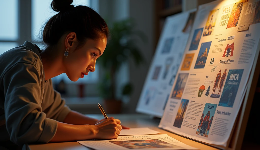 A person is looking at a vision board with a big goal or dream. The board displays a detailed description of their dream, and their eyes reflect excitement and planning.