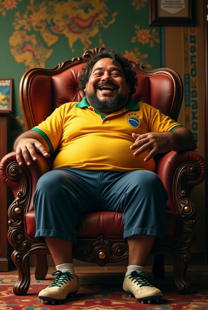 take a picture of a fat Brazilian player sitting on a chair telling a story for the image 