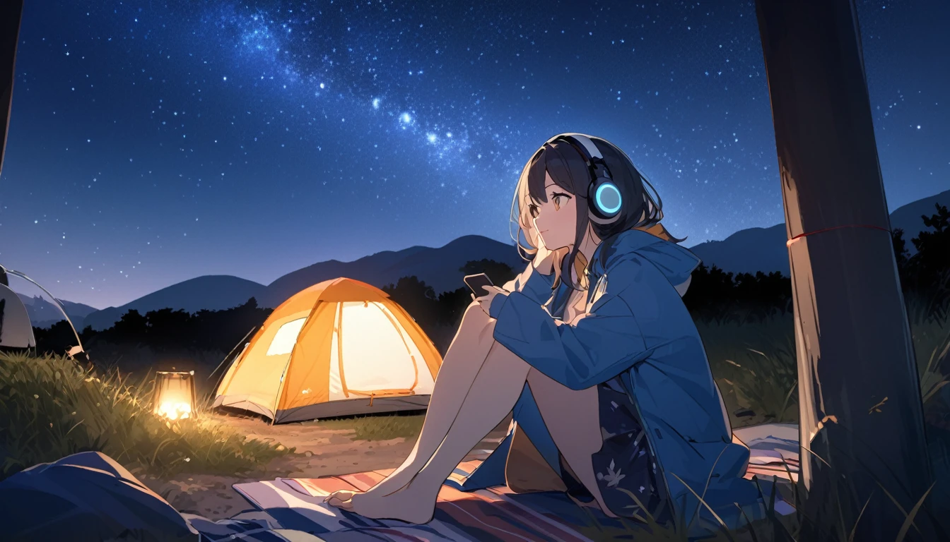 Woman gazing at the stars while camping,Night starry sky,Streetscape、listen to music、Japanese