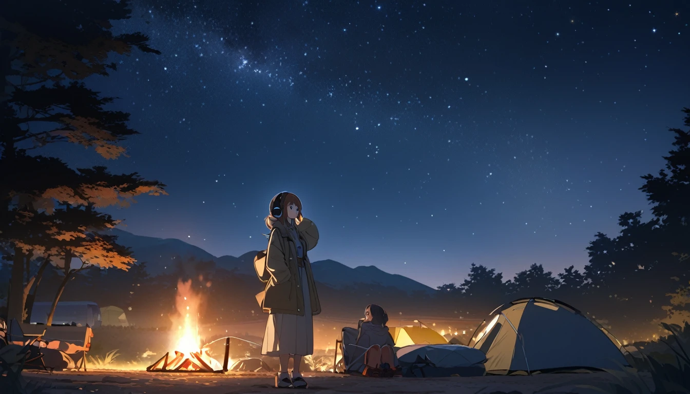 Woman gazing at the stars while camping,Night starry sky,Streetscape、listen to music、Japanese