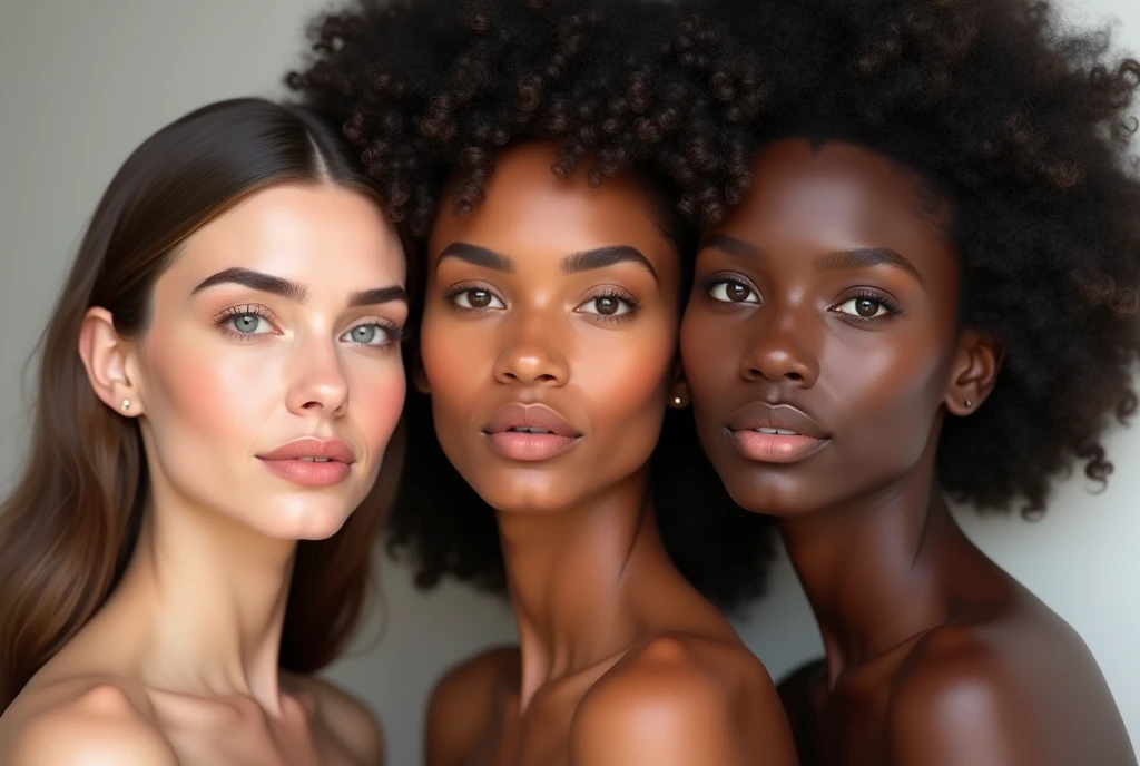 "Create an artistic image featuring three women with different skin tones: one fair, one medium, and one dark. Each woman should be portrayed in a way that highlights her natural beauty with elegant and radiant expressions. Ensure that the image reflects confidence and individuality. Use a soft and neutral background to enhance the focus on the women. Include the text at the top: 'Aakhir Kaise Lagti Hai Auratein Har Rang Mein Itni Khubsurat?' in a larger, elegant, modern font. For the remaining text, make it slightly smaller and in a complementary color."