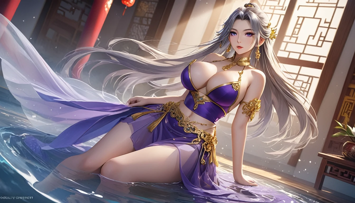 high quality,HD,16K,Sharp Line,1 Girl,fantasy, （Fire Spirits）,Pretty Face, Large Breasts, Beautiful legs,In the water,Focus Girl,detailed Pretty Face,Detailed clothes,beautiful eyes,Cool,Sexy,Dynamic Angle,穿着华服的神明Strike a pose拍照, Ancient mysterious sexy goddess, Traditional beauty woman, Beautiful female warrior god of war , Beautiful sexy goddess, Gorgeous role-playing, high, Beautiful young girl, Beautiful woman, 华丽Beautiful woman, Complex clothing,Chinese Mystical Aesthetics, Beautiful goddess ancient mysterious girl, Extremely detailed shot of the goddess, Jaw-dropping sexy beauty, Big breasts deep neckline sexy belly button（butt), (bedroom), (Sexy Girls), masterpiece, best quality, Bangs, blush, Chest, clavicle, Eyebrows visible through hair, (Ombre gold hair), Jewelry, Long hair,Bright Eyes, ring, (solitary), illustration, fashionable, miss, Strike a pose, background, element, confident, Express, Accessories, majestic, striking, key point, Dynamic poses, ((plump)), (purple))Woman in transparent dress,Viewer,(((Full breasts, Keeley University))),Slim waist,(Navel exposed,Bare waist), Long hair, extreme detailed details, 详细的fantasy艺术, Stunning character art, Beautiful and exquisite character art, Beautiful transparent dress, Very detailed, Large Breasts，Chest，Golden ratio figure，Beautiful figure，Ultra wide-angle shooting，Full body shot拍摄，Body close-up，Full body shot，Wearing a pleated tulle skirt，柔和动漫illustration, 柔和的深色background，Fujifilm XT3 Clear focus, f 5.6, High Detail, Clear focus,(Wearing openwork clothing),, (Natural light), (Tempting)translucent, Good velvet quality, Compared, Divine Light,, Silver hair, 夜空background, Absolute Strength,Female Shinmei，穿着性感丝绸的Female Shinmei,，Large Breasts，Chest，Golden ratio figure，Beautiful figure，Ultra wide-angle shooting，Full body shot，Body close-up，Full body shot， Wearing a tulle dress, Model shooting style, Large Breasts，饱满Chest，Golden ratio figure，Beautiful figure，(Extremely detailed CG 8k wallpaper unit), The most beautiful artistic photos in the world, , 8K 超HD, ) ，Sexy姿态，Sexy表情，best quality,masterpiece,Ultra-high resolution,(Practical:1.4),original photo,Ultra-high resolution