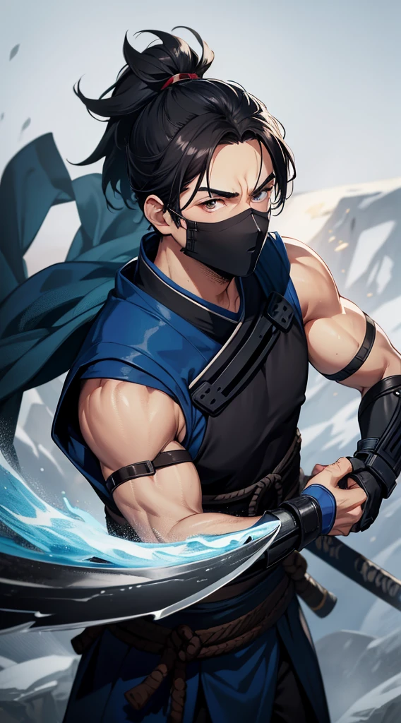 Grown-up guy, short black hair, high ponytail, Brown eyes, mask, blue shinobi kimono, Sleeveless, Sub-Zero, Cold, ice, blizzard, Battle-ax, Masterpiece, hiquality, 4k, HD, Good detail