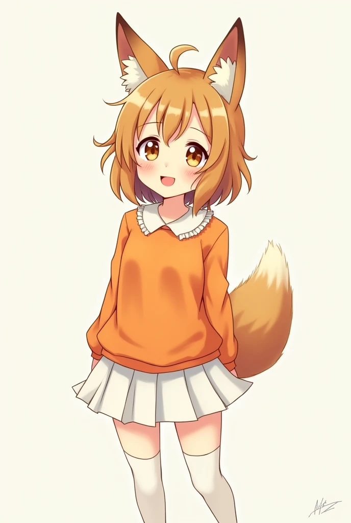 Beautiful anime girl smiley face with a fox ear wearing an beautiful orange top, white short skirt and stocking. no background