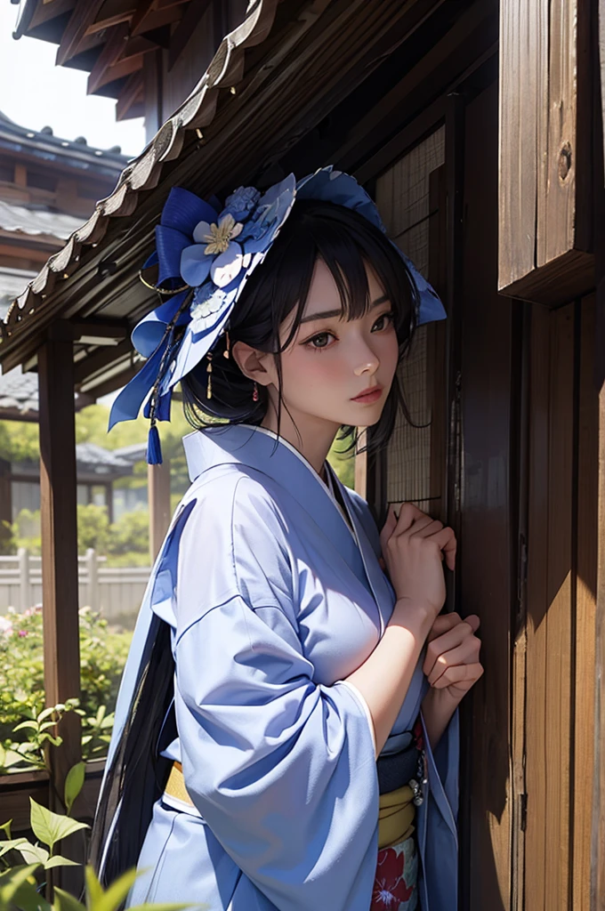 Bust-up of a beautiful woman in a kimono sheltering from the rain under the eaves of a garden
