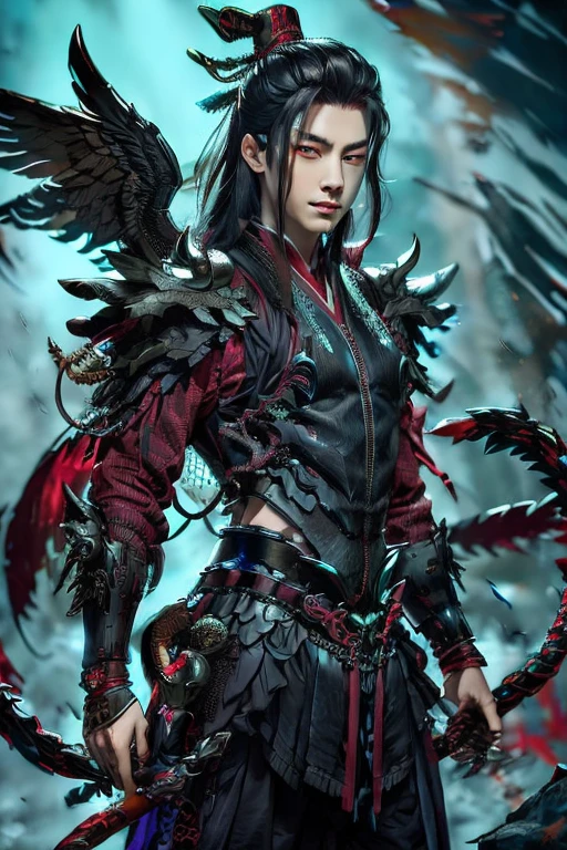  Handsome young xianxia protagonist,man,guy,long black obsidian hair, use floating phoenix crown,Crimson red  eyes  ,eyes focus detailed((no noice)),(((no noice))),and long black hair ,(no noice)),use armour featuring like pattern on taotie chinese divine beast((search image for taotie chinese beastiary))with black dominant color,pauldron protective shape like dragon head,breastplate featuring like Tao tie,breastplate detailed featuring taotie shape,shoulder protective dragon shape like taotie,sun and moon  background, black dominant color,black  dominant color, black dominant color armour,with majestic silver line , ((no noice))And demonic red wings at back,wings at back,terrifying aura around,24K ultra hd,face and eyes detail,lips and face detail,masterpiece ,better quality,ultraa realistic face((no noice)),good face proportion,non noice face,reality face,eyes detailed,((perfect face)),perfect eyes ,perfect lips proportion((balance lips)),perfect face proportion,((balance proportion of face)),((balance and perfect left and right eyes proportion)),((masterpiece))