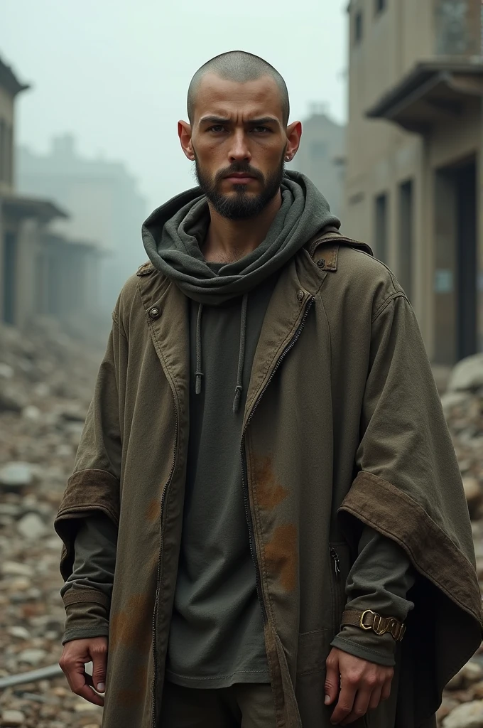 A bald man with a small beard in the apocalypse and he’s young and also it he has a poncho on 