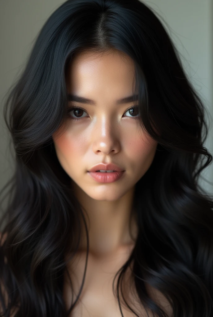 Beautiful woman with black hair as passport photo