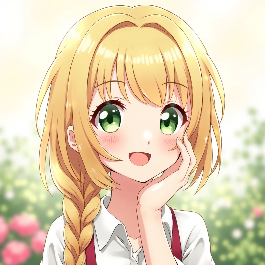 smile, Anime Style, Character portrait, Florist,Braid, Ahoge, Shiny Hair, Parted bangs, Blonde, Green Eyes