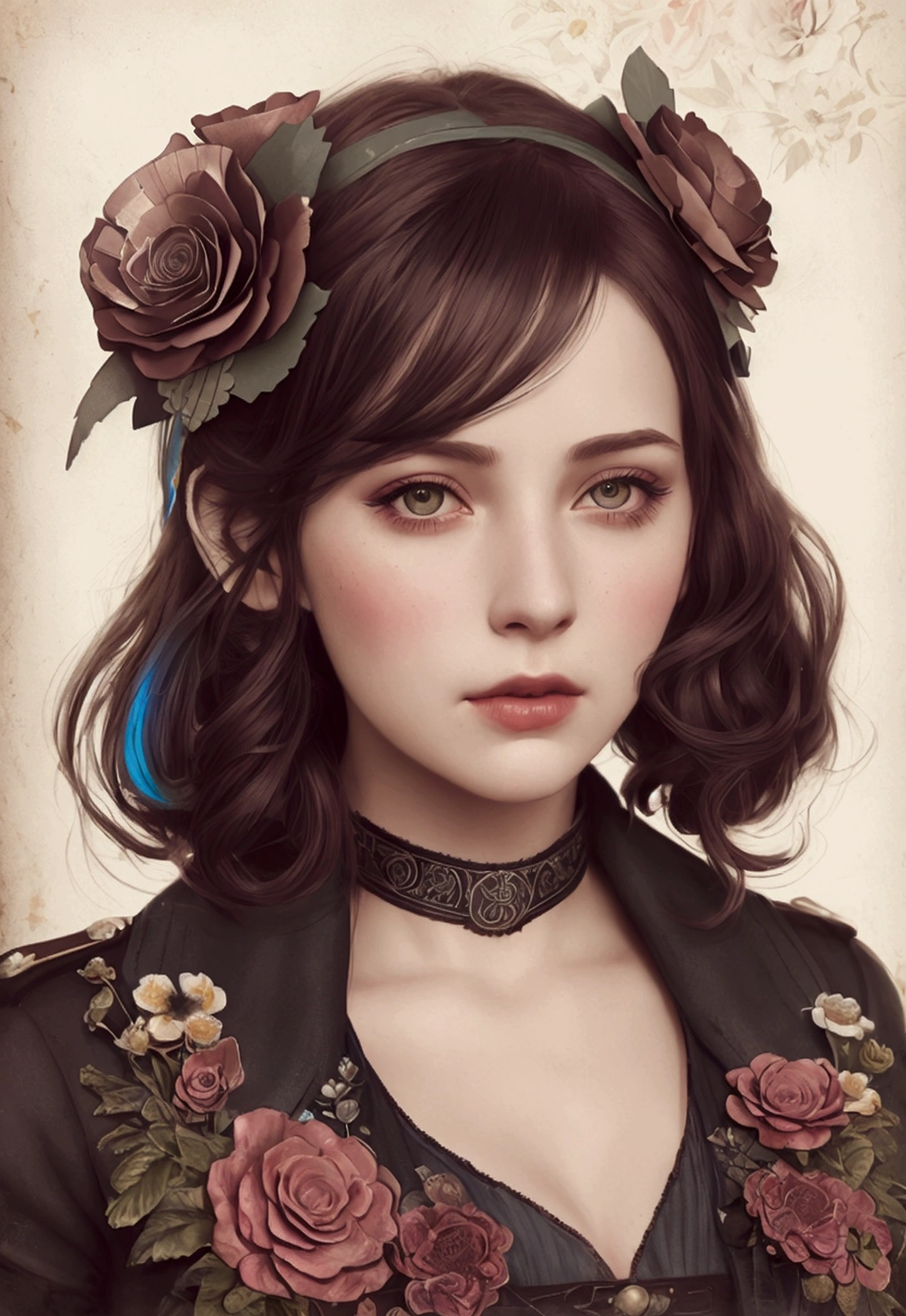 Charlie Bowater&#39;s realistic lithograph portrait of a woman, Flowers, [gear], pipe, Dieselpunk, Multicolored ribbons, Old paper texture, Very detailed