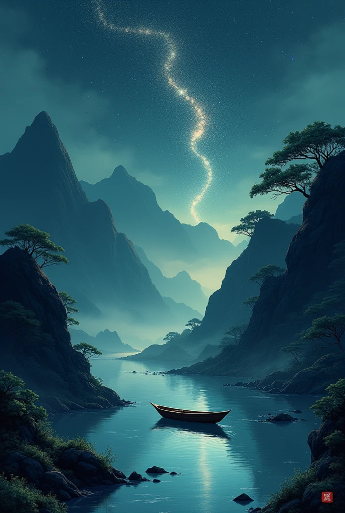 A small boat on a mountain and a river in the night sky Ink painting  