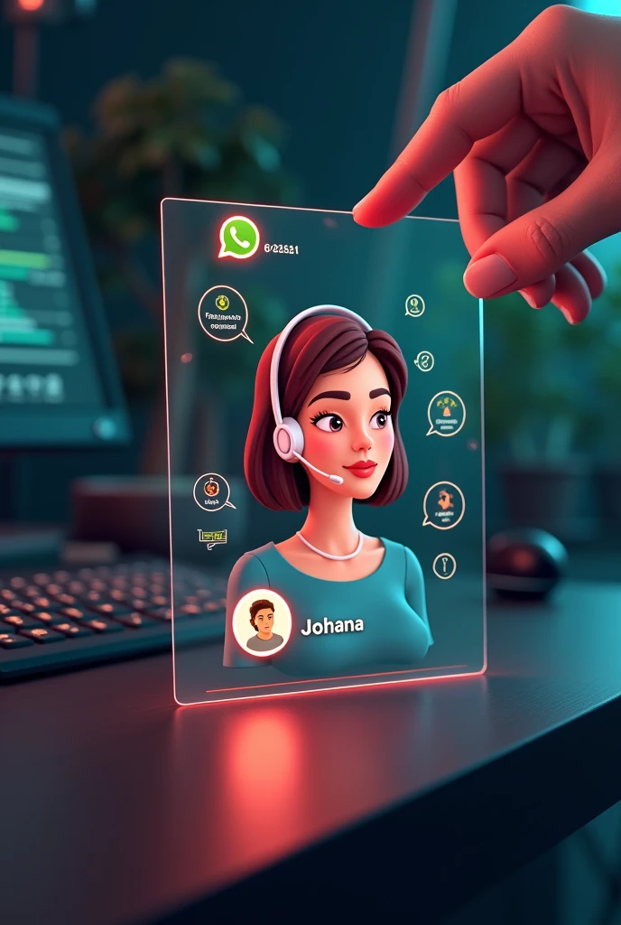 Create a glass id card of a WhatsApp profile placed on a black desk, at the top the phrase in Portuguese "FAST AND EASY" that shows the large WhatsApp logo, create a 3D illustration of a latina woman with short hair, You must wear a blue blouse and a white headset. The photo of the girl in a circle with the name of the social network user WhatsApp Johana in black below the profile photo and written message bubbles, WhatsApp card glows red and yellow on the edge. In one corner is the one held with two fingers.