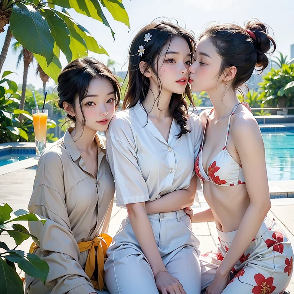 (Party by the pool:1.2)、(Fun atmosphere、Vibrant:1.2)、(3 people:1.4)、Beautiful Japanese Women、(3 peopleの女性)、20-year-old、(whole body)、((Tropical Drinks、juice、Soft-serve ice cream in hand))、(Detailed depiction of a beautiful face)、(Smile)、Small breasts、Slim figure、Medium Short Hair、semi-long、Hair Bun、((Wet 水着、bikini、モノキニbikini))、A pareo skirt with bold ethnic patterns and plenty of primary colors、Realistic Skin、Wet、whole body、No zoom、No close-ups、Cinematic Light、Tropical Colors、((Blank Background))、((White Background))、(Highest quality, masterpiece, High resolution)、(Anime Art 4k)、 
(((Woman Kissing)))
