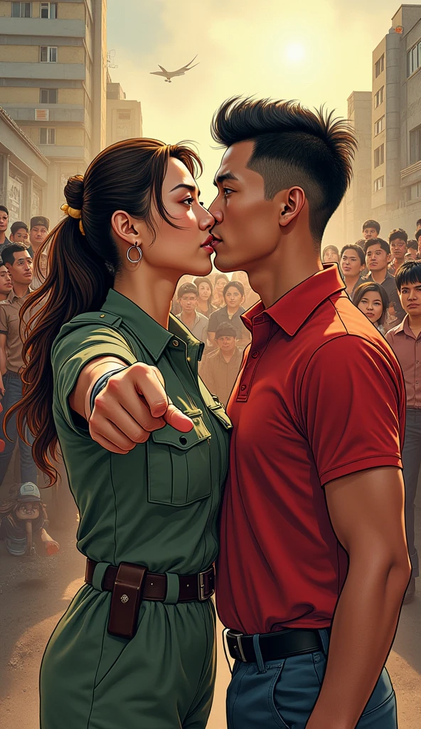 a revolution with a chinese female soldier with long tied brown hair with bandages in a military uniform with a filipino man with black hair in a red shirt beside her with filipinos and filipinas
'comic art'