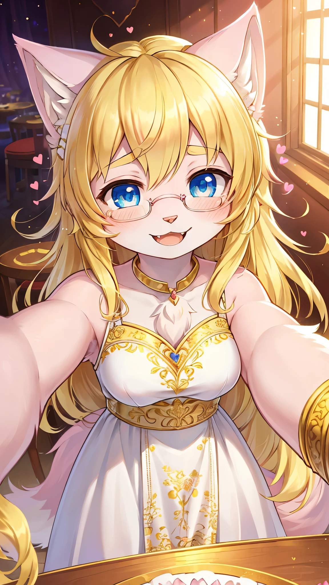 Highest quality,Highest Resolution,(Fluffy personification :1.6),(young :1.6),Cat girl,(Golden Hair :1.6),Long Hair,Wavy Hair,blue eyes,Shining Eyes,Sparkling eyes,Highly detailed eyes,(Pale pink fur :1.6),(White dress with gold floral embroidery),Heart color,Glasses,Flower Hair Ornaments,Gold bracelet,Great restaurant,Chandelia,Surrounded by shining stars,Romantic light,Blush all over face,View your viewers,Heart-shaped eyes,Heart Eyes,Fascinating face,smile,Open your mouth,tooth,close,Face to face,Selfie with both hands,alone