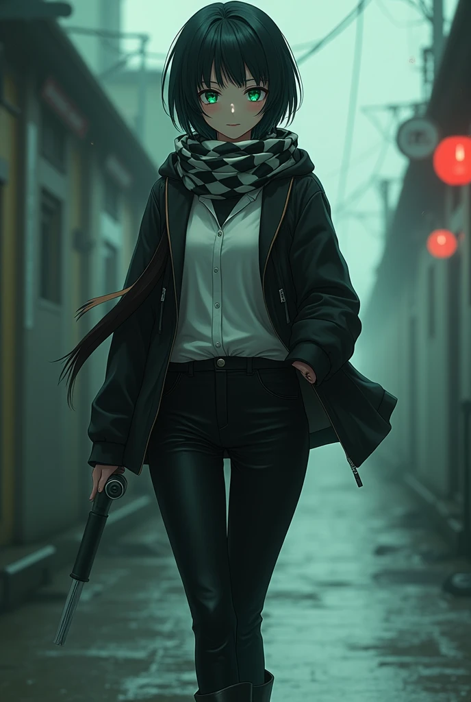 Female, Anime, Short black hair, Fair skin, Emerald eyes, Checkered scarf, Black hoodie, White collared shirt, Black trousers, High-heeled black boots
