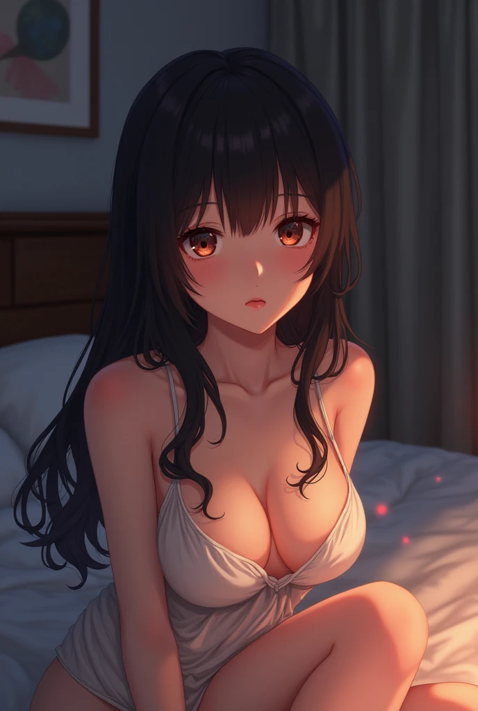 a big-breasted MILF with long black straight hair, dark red eyes, wearing a virgin killer sweater, in a bedroom setting, anime style, (best quality,4k,8k,highres,masterpiece:1.2),ultra-detailed,(realistic,photorealistic,photo-realistic:1.37),beautiful detailed eyes,beautiful detailed lips,extremely detailed eyes and face,long eyelashes,intricate details,high quality,vivid colors,soft lighting,elegant,dramatic