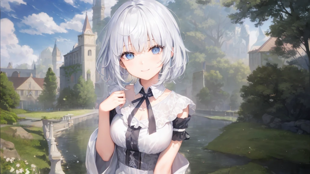 Ultra HD,Look at the viewers, Place your hands behind your back, and, 20-year-old, 非常にshort hair, Long bangs between the eyes, Pale blue eyes, Very detailed,(masterpiece、Highest quality),Gray Hair、Laughter、wonderful, Silver Hair, iris, short hair、 Fluttering Hair、Small face、明るいsmile、(Detailed face) ,Professional Lighting,wonderful風景,blue sky, sunlight,Looking down from above,Portraiture、Open your mouth、Flower Field、Her eyes were shining、Mysterious and enchanting atmosphere。With AI Painting、andてもshort hair, Long bangs between the eyes, Very detailed,(masterpiece、Highest quality)、alone、Gray Hair、Fantasy, Silver Hair, Fantasyな風景、smile、Open your mouth、short hair、short hair、hairpin、black eye、Grey Eyes、Beautiful Eyes、Black Shirt、White hoodie