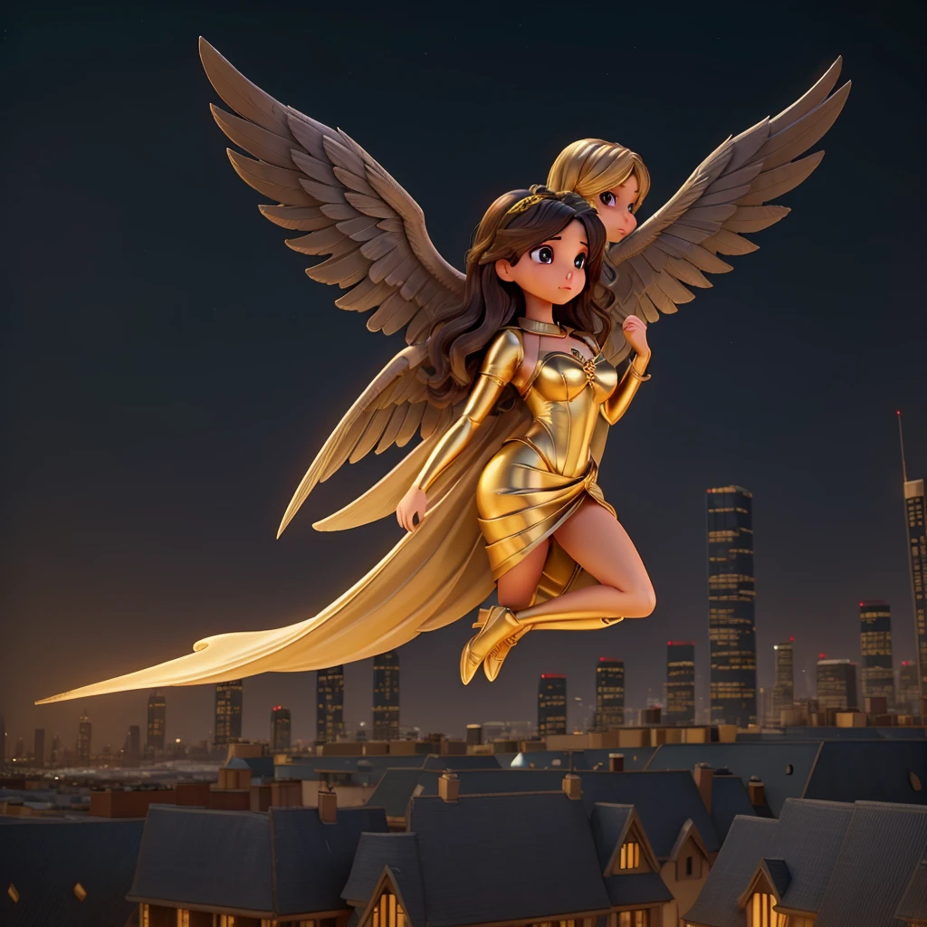 This image shows a female angel hovering over a city at night.. The city lights create a golden and dramatic atmosphere, while its delicate presence and dark wings contrast with the urban environment. The woman appears protective and watchful.