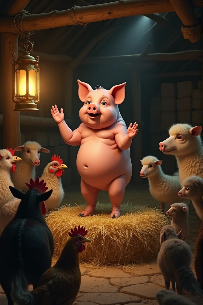 a group of animals gathered in a dark barn, illuminated by the light of a lantern, with a pig in the center, raised on a bed of straw, speaking passionately to his peers.