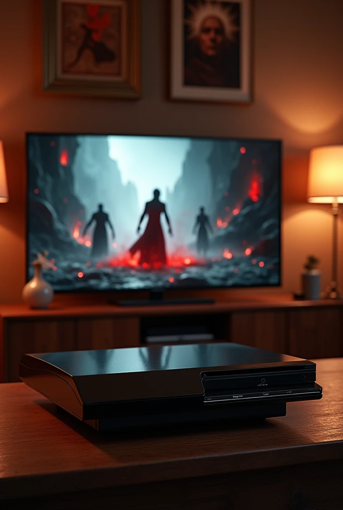 Create a detailed image of a black PlayStation 3 console, positioned on a table. PS3 is on, and on the screen of a widescreen television monitor in front of the console, displays the interface of the game 'Dante's Inferno'. The surrounding environment should have a living room atmosphere with soft lighting., highlighting the PS3 and the game on the screen. The screen is expected to show a dramatic and dark scene from 'Dante's Inferno', with characters and visual elements that refer to the game's style."