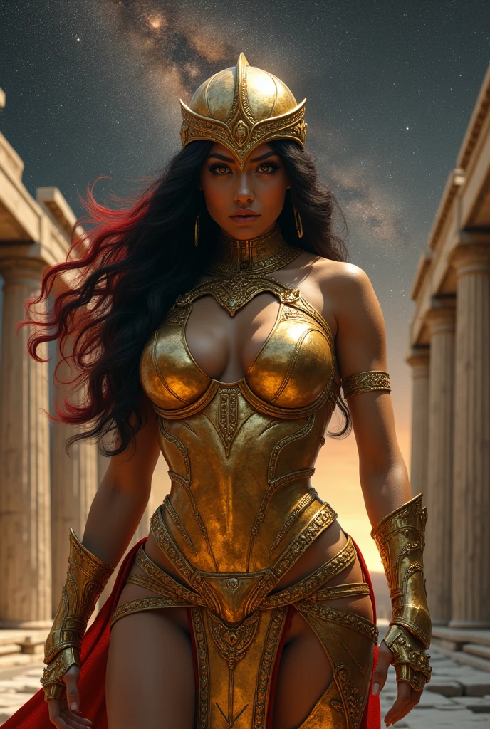 Masterpiece, Absolute Realism, ((Ultra-realistic)), Best Quality, Ultra-high Resolution, Realistic Skin Texture, Armor, Saintseiya, Female, (Photorealistic:1.4), High Resolution, Raw Photo, 1 Girl, Glossy Skin, (Skin Detail:1.2), Realistic Skin Texture, Better Lighting, Shine, Mecha Armor, Dramatic Lighting, Dynamic Pose, (Greek Temple Background:1.1), (Night:1.2), (Night Sky), Cosmos, Milky Way, Golden Armor, (Cleavage), Golden Knight of Taurus, (Big Breast), (Wide Hips), (Helmet:1.2), Tanned Skin, Black Hair, Red Locks, (Golden Chest Protector:1.3), (Helmet), Purple Shirt, Volcano, Enough, Sexy Face