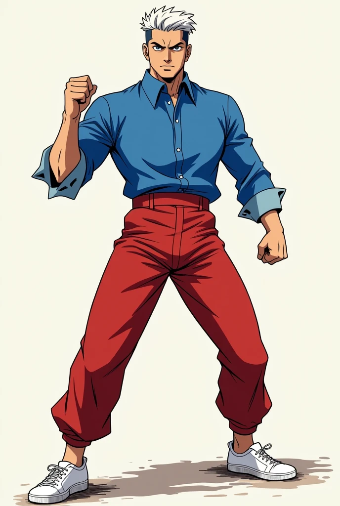 a man with a blue blouse, red pants, white shoes, in a fighting pose (anime: jujutsu kaisen gojo)