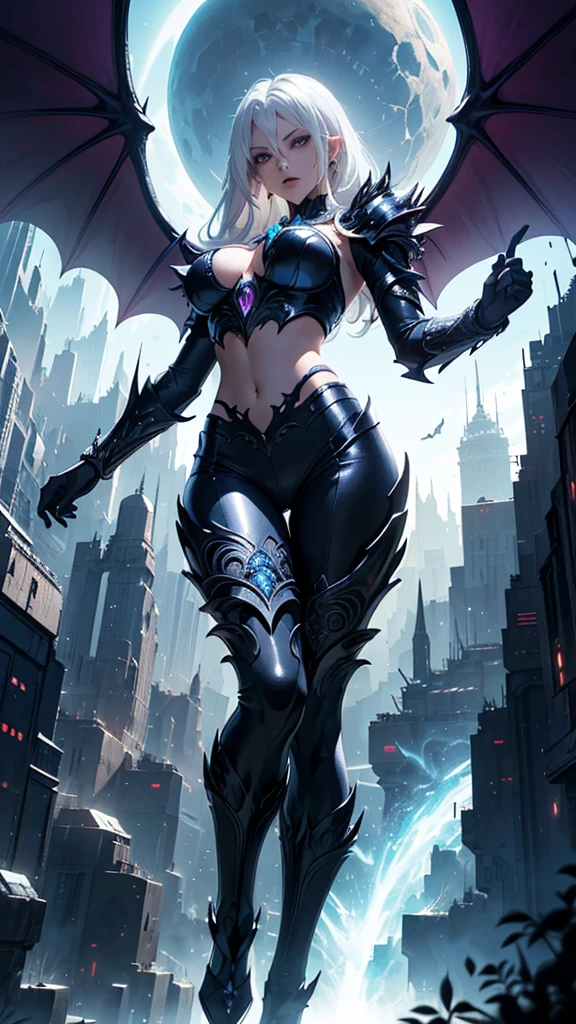 Insanely detailed photograph of a gorgeous vampire woman, goth Renaissance, (long voluminous white hair, floating hair), ((mysterious beautiful face), high detail), detailed purple eyes, (black vampire wings, bat wings, spreading vampire wings so widely), (she is dropping off from dark sky so softly), fantastical, vampire, (wearing a Saint Seiya pegasus armor clothes that is decorated shining dark colorings, sexy midriff, high detail, antitech), ethereal, hyper detailed, 32k resolution, dynamic lighting, hyper detailed, intricately detailed, trending on Artstation, triadic colors, ((futuristic city landscape in the background, intricate detail )), volumetric lighting, BalenciagaStyle