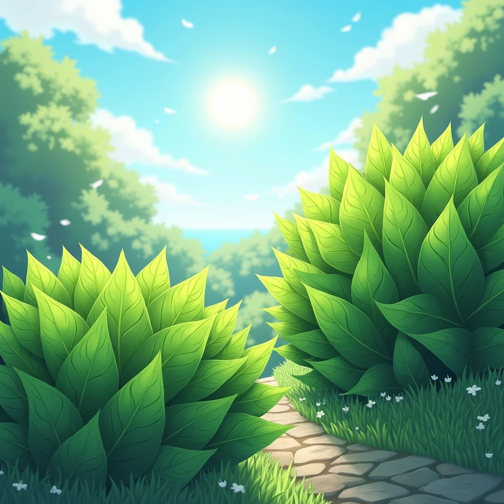 sunny day, green triangles leaves with three pointed corners and three straight sides on the bushes