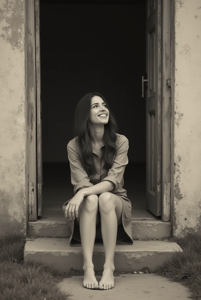 old house, woman sitting at the entrance of a house, narrow door, short skirt, shirt, brunette, barefoot, like monica belluchi, monochromatic, looking up, happy, monochromatic, old photo style