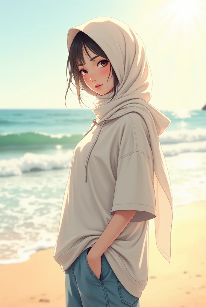 beautiful korean girl in white hijab . stand up atbeach, wearing loose tshirt with hoodie, jeans pants, , , soft lighting, background a beach, have sunlight, relaxed pose, , warm color. anime versi.. sketch