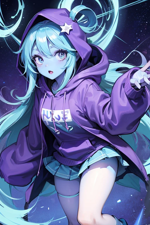 mlptrixie, colored skin, blue skin, star hair ornament, blue hoodie, hood down, purple skirt
