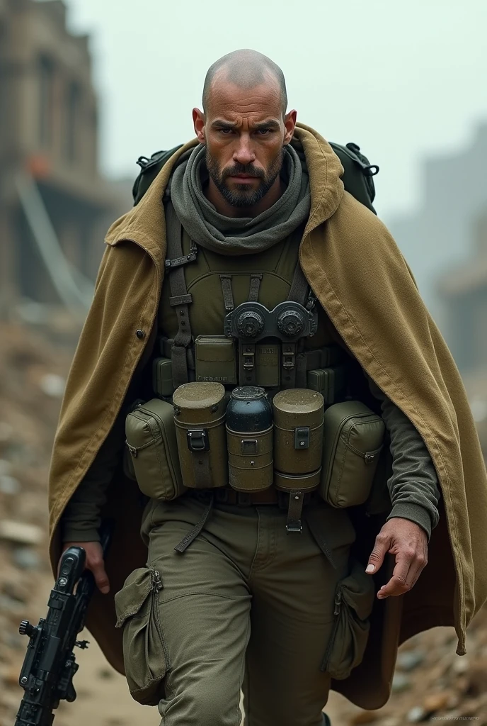 A bald man with a small beard in the apocalypse and he’s young and also it he has a poncho on also he has som military gear on like a helmet 