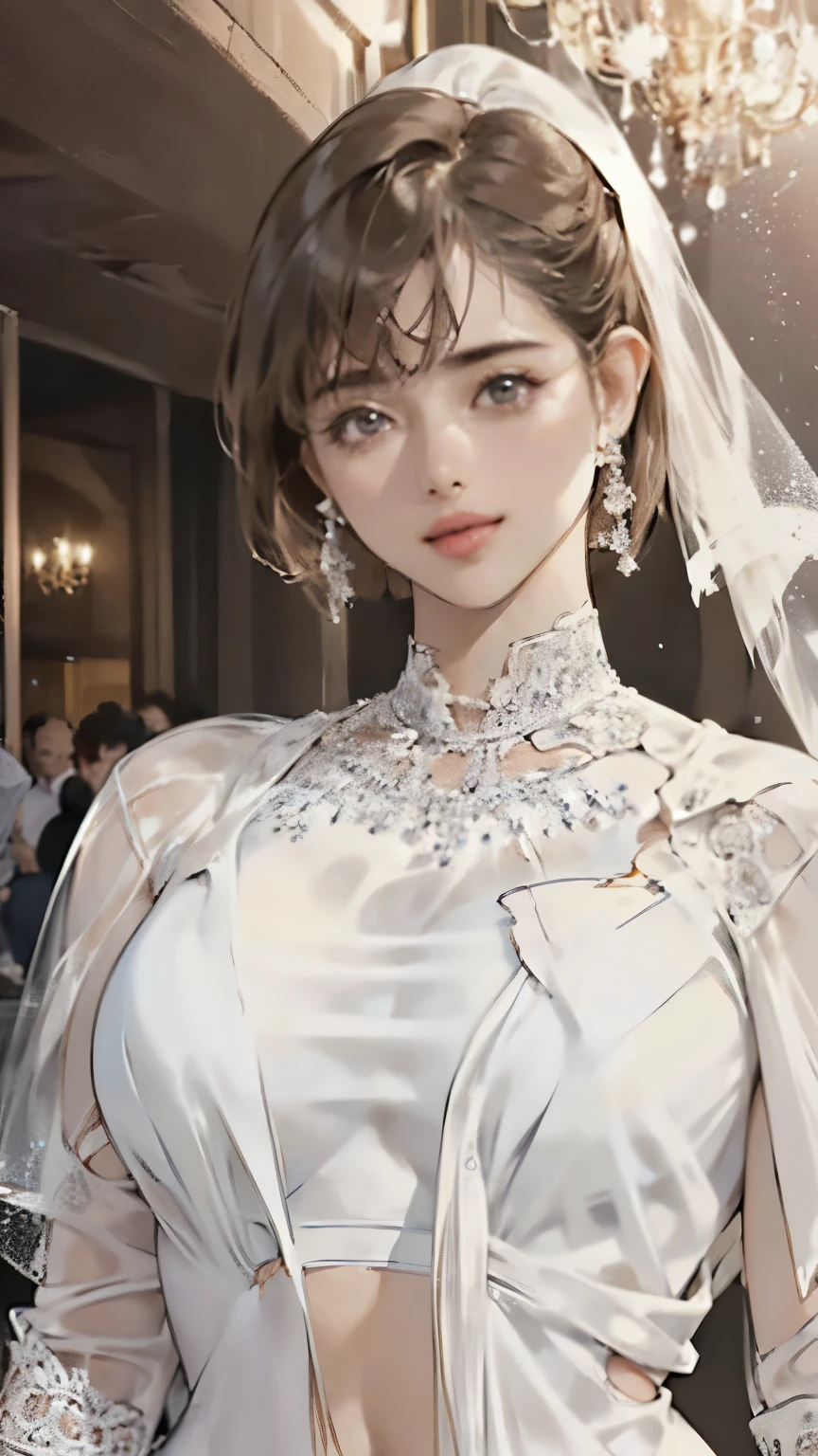 (Realistic:1.5, 16K, Highest quality, masterpiece, Ultra-high resolution), Perfect dynamic composition:1.2, ((woman1people)), ((Stylish party venue:1.5)), ((Bright venues:1.5)), (Expressions of sadness:0.9), (((Gorgeous white see-through party dress:1.5))), Highly detailed skin and facial textures, Incredibly slim body, Fair skin:1.2, Sexy beauty, Very beautiful face:1.5, (short hair), (Neat bangs:1.5), ((Voluptuous body:1.5)), (Firm and shapely D cup breasts), ((torn clothing:1.5)), (Big eyes that exude beautiful eroticism:0.8, Lips that exude beautiful eroticism:0.8), necklace, Earrings, bracelet, wedding ring,