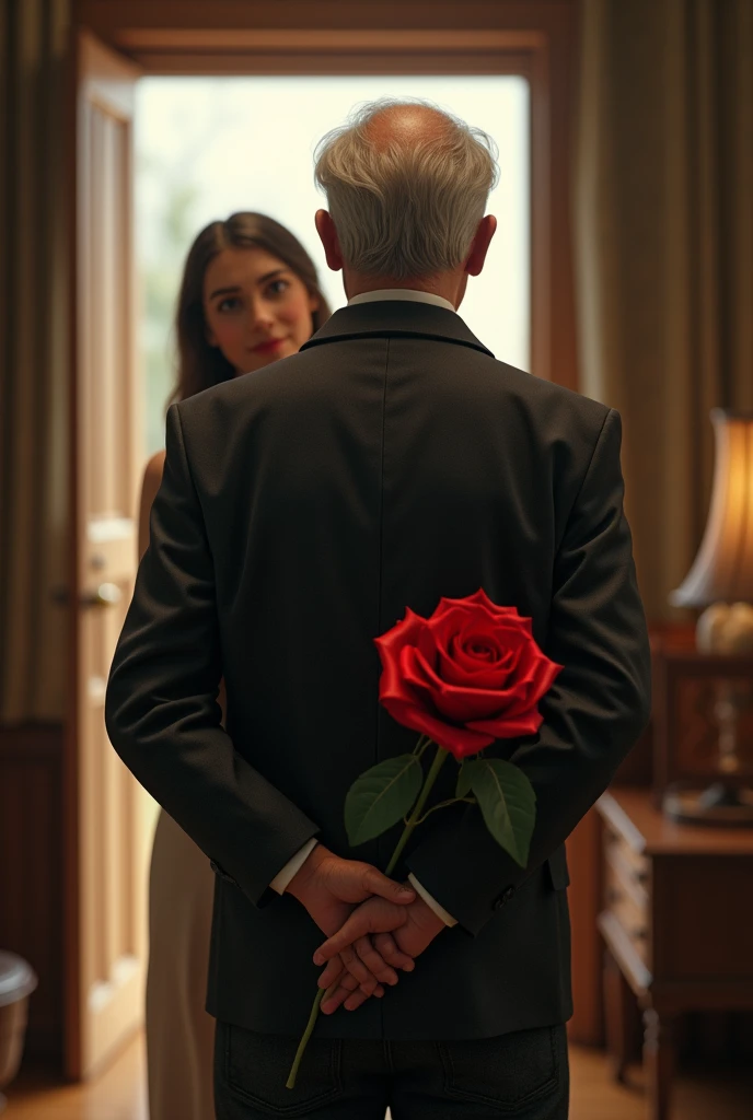 (photorealism:1.2), Ultra detailed, hyper-realistic, high gloss, 4d image of An old man stands with his back to the camera, facing the door. The hand is behind her back, holding a bright red rose tightly. There is an young woman with ultra detailed face, standing at the door with a warm smile on her face straight to camera. The scene is full of warmth and romance.